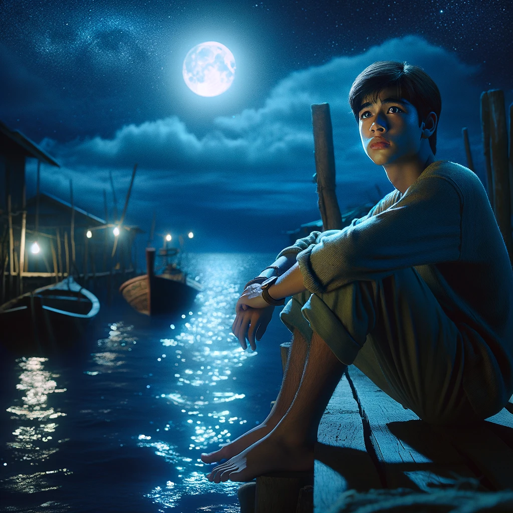 A scene capturing Somchai at 17 years old, sitting on a dock at night, showcasing his youthful enthusiasm and connection to the sea. This version of Somchai is fresh-faced, with a look of wonder and the beginnings of maturity evident in his posture and gaze. The dock is a quiet spot in a coastal village, and Somchai is seated with his feet hanging over the edge, looking out towards the moonlit sea. The moon's reflection on the water and the gentle sound of waves create a peaceful and contemplative atmosphere. Somchai's attire is casual, reflecting his simple life as a young fisherman, and his expression is one of hope and dreams, gazing into the horizon under a star-filled sky. This image vividly captures the essence of youth, ambition, and the profound bond between Somchai and the vast, mysterious sea.