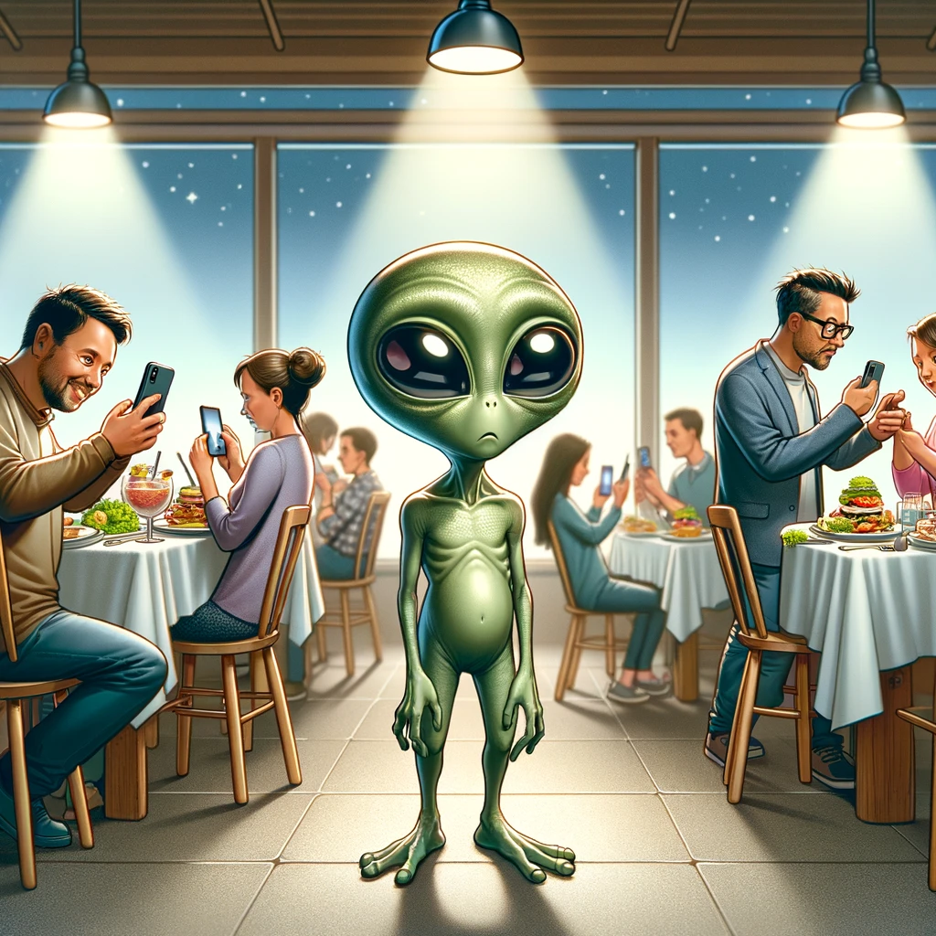 An illustration of a perplexed alien standing in a restaurant, observing humans taking pictures of their food before eating. The alien has large, expressive eyes, and its body language suggests confusion. The scene includes various humans seated at tables, holding up smartphones to photograph their meals, which range from fancy dishes to casual snacks. The restaurant setting is cozy and modern, with ambient lighting that highlights the tables and the alien. The alien's design is unique, featuring smooth green skin, a slender build, and two small antennae on its head.