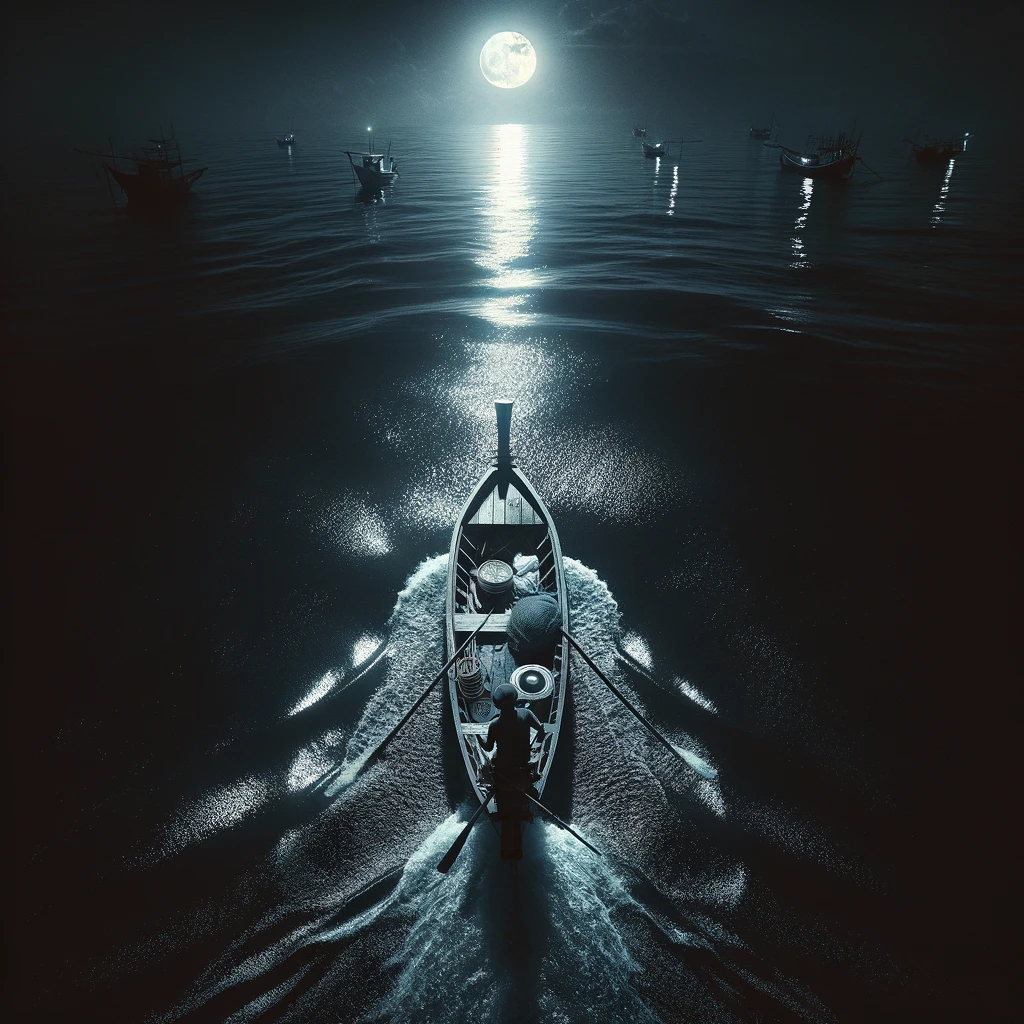 A night scene captured from a bird's-eye view, showing Somchai, a 17-year-old fisherman, alone on a small boat, navigating the dark, moonlit waters. The sea is calm, with the moon's reflection creating a pathway of light across the water's surface, guiding Somchai on his journey. The boat is modest, just large enough for him and his fishing gear, highlighting his solitude and the vastness of the sea around him. This perspective emphasizes the bravery and independence of a young Somchai as he ventures into the night, exploring the mysteries of the sea under the watchful eye of the moon. The surrounding sea is dark yet peaceful, and the scene encapsulates the quiet determination of Somchai as he embraces his life as a young fisherman, with the infinite possibilities that lie ahead.